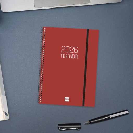 Agenda semanal A5 2026 espiral FINOCAM Beta vermelho com elástico