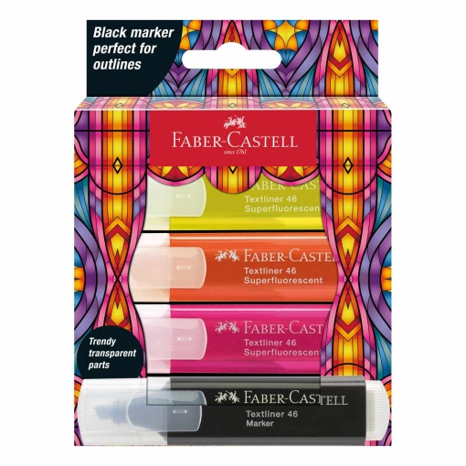 Sublinhador fluorescente FABER-CASTELL Textliner Glassy 1-2-5mm - 3 cores néon + preto
