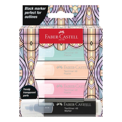 Sublinhador fluorescente FABER-CASTELL Textliner Glassy 1-2-5mm - 3 cores pastel + preto