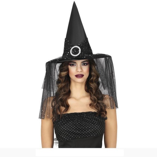 Chapéu de bruxa com véu preto e estrelas prateadas