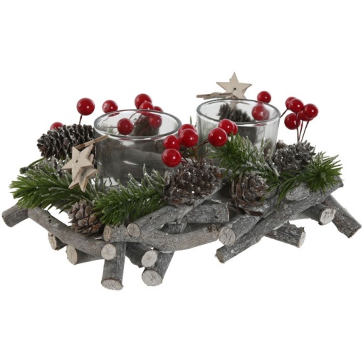Porta-velas ramos com pinhas 21x14x8cm