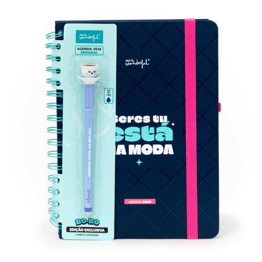 Agenda semanal Wonder A5 2026 espiral MR.WONDERFUL "Seres tu está na moda" + esferográfica apagável