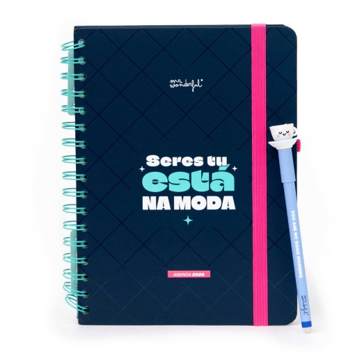 Agenda semanal Wonder A5 2026 espiral MR.WONDERFUL "Seres tu está na moda" + esferográfica apagável