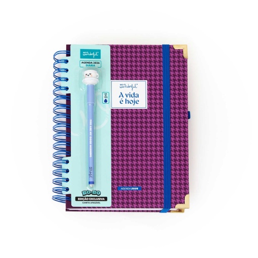 Agenda diária Office 170x226mm 2026 espiral MR.WONDERFUL "A vida é hoje" + esferográfica apagável