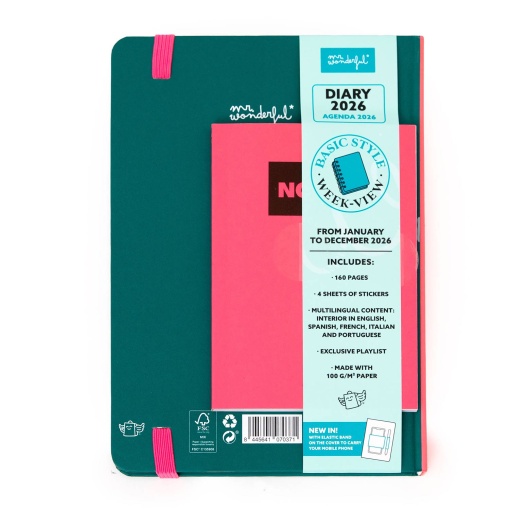 Agenda semanal Basic A5 2026 MR.WONDERFUL "My new era" com suporte para telemóvel