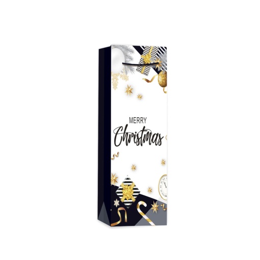 Saco de papel asa cordão para 1 garrafa 210g Merry Christmas preto 12x9x36cm