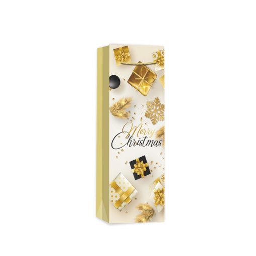 Saco de papel asa cordão para 1 garrafa 210g Merry Christmas dourado 12x9x36cm