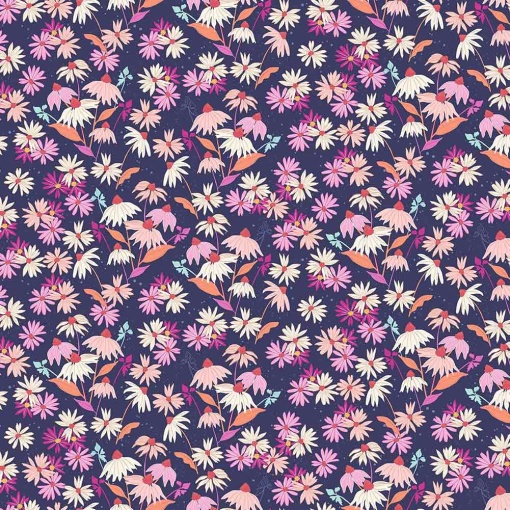 Tecido MAKOWER Wildflowers Petals & Stitches Echinacea Blue 1x1,12m