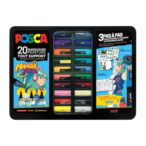 Conjunto POSCA Manga Hero 20 cores com caixa metálica