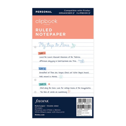 Recarga para organizer Clipbook A5 FILOFAX pautado 25 folhas 80g reciclado branco