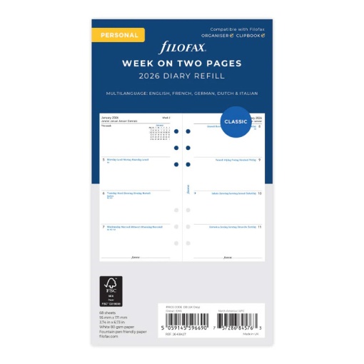 Recarga semanal 2026 para organizer Personal FILOFAX