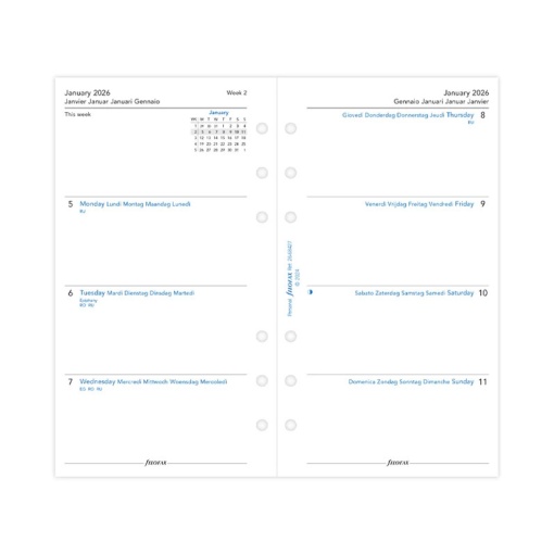 Recarga semanal 2026 para organizer Personal FILOFAX