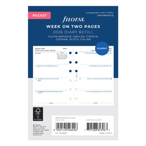 Recarga semanal 2026 para organizer Pocket FILOFAX