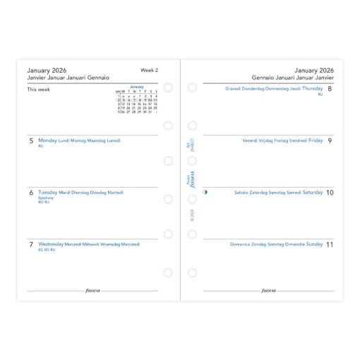 Recarga semanal 2026 para organizer Pocket FILOFAX
