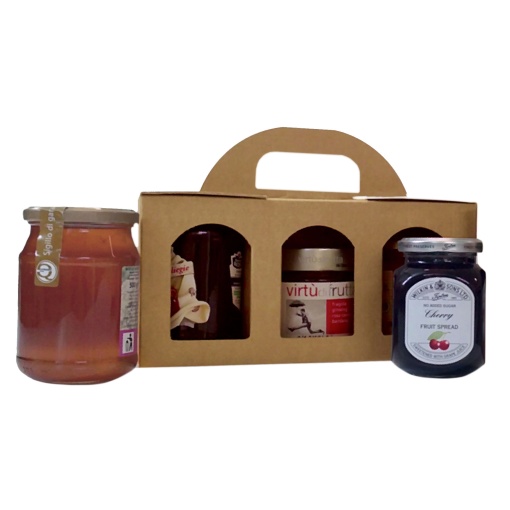 Caixa de cartão compotas para 3 250x80x120mm com visor + pega kraft