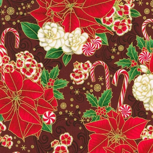 Tecido Hilogar Holiday Flourish Peppermint Twist bordeaux/dourado 10 1x1,10m P135-SRKM-22945-113