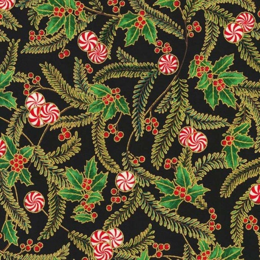 Tecido Hilogar Holiday Flourish Peppermint Twist preto/dourado 18 1x1,10m P135-SRKM-22948-2
