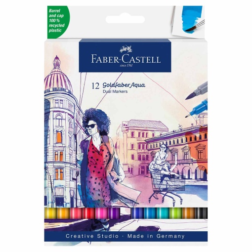 Brush pen aguarelável FABER-CASTELL Goldfaber Aqua 2 pontas - 12 cores