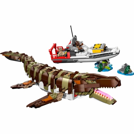 LEGO Jurassic World missão de barco com mosassauro construído com peças 76974