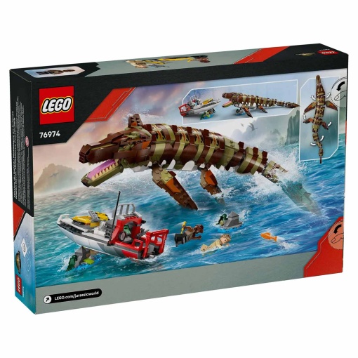 LEGO Jurassic World missão de barco com mosassauro construído com peças 76974