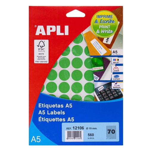 Etiquetas adesivas 19 mm verde 8 folhas APLI - 1050 unidades