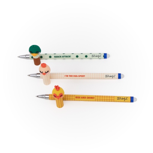 Set of 3 erasable ballpoint pens MR. WONDERFUL Bo Bo Quinta (chicken, rooster and duck)