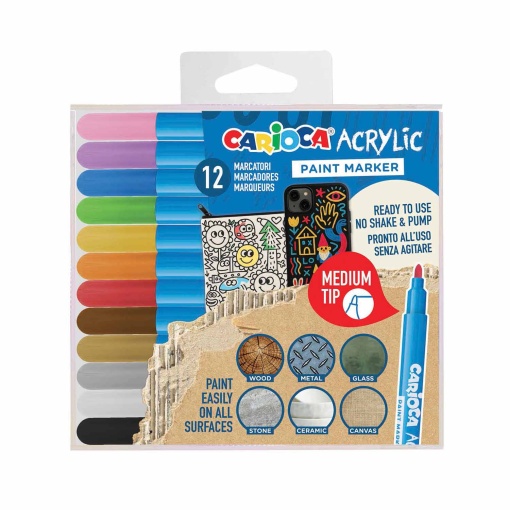Marcador acrílico CARIOCA Acrylic Medium Tip - 12 cores