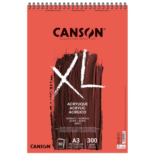 Bloc de notas espiral acrílico CANSON XL A3 300g, 30 hojas, grano lienzo.