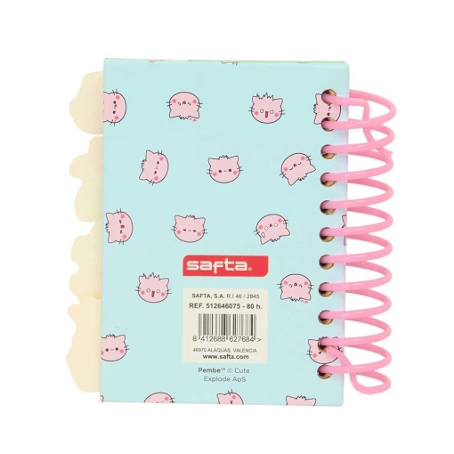 Cuaderno espiral A7 con separadores, PEMBE El Gato Rosa rayado, 80 hojas.