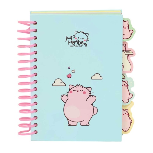 A6 spiral notebook with dividers, PEMBE The Pink Cat, lined, 80 sheets.