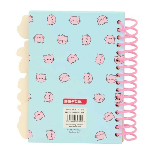 Cuaderno espiral A6 con separadores, PEMBE El Gato Rosa rayado, 80 hojas.