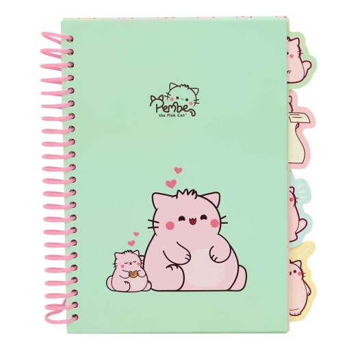 A5 spiral notebook with dividers, PEMBE The Pink Cat lined, 80 sheets.