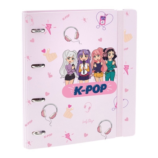 Dossier escolar 360º A4 com recarga quadriculada + separadores LOVELY STORY K-POP lombada elástica 4 argolas rosa