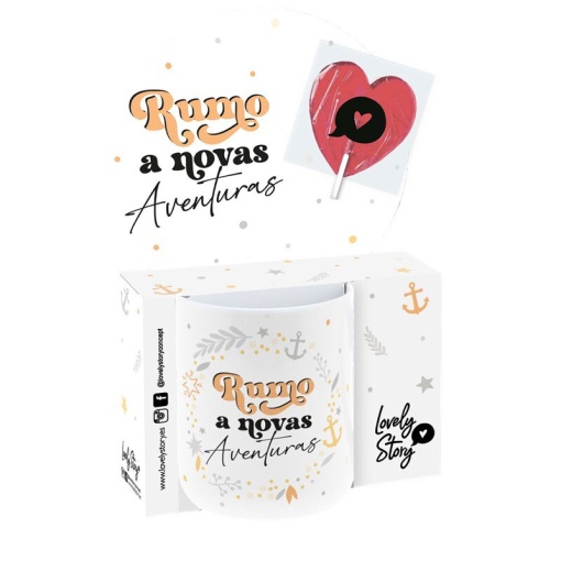 Caneca de cerâmica LOVELY STORY "Rumo a novas aventuras" 330ml + chupa-chupa