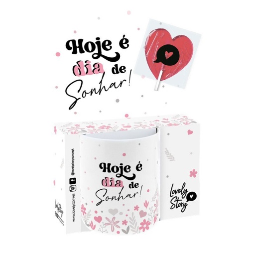 Caneca de cerâmica LOVELY STORY "Hoje é dia de sonhar!" 330ml + chupa-chupa