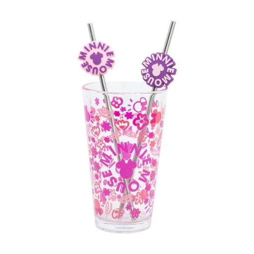 Vaso de cristal con 2 pajitas metálicas, DISNEY Minnie Mouse Cherrylicious, 480 ml