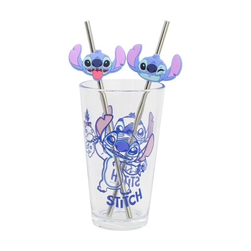 Vaso de cristal con 2 pajitas metálicas, DISNEY Stitch Aloha, 480 ml