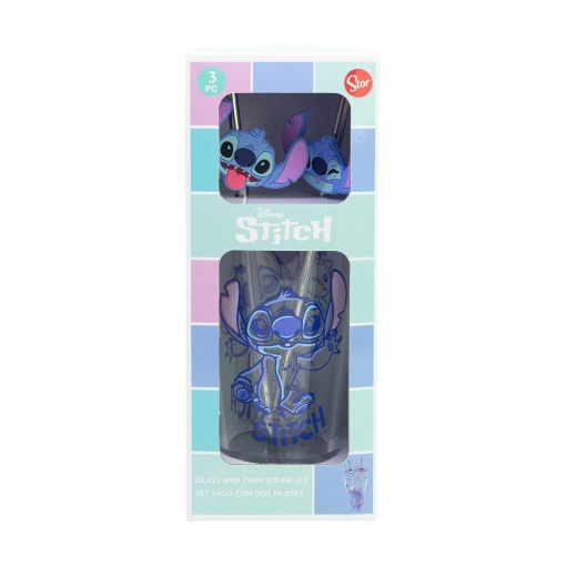 Copo de vidro com 2 palhinhas metálicas DISNEY Stitch Aloha 480 ml