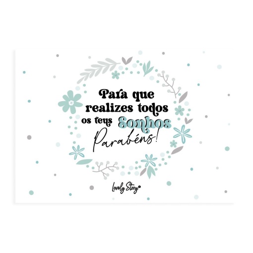 Postal para comunhão tipo envelope LOVELY STORY "Para que realizes todos os teus sonhos. Parabéns!"
