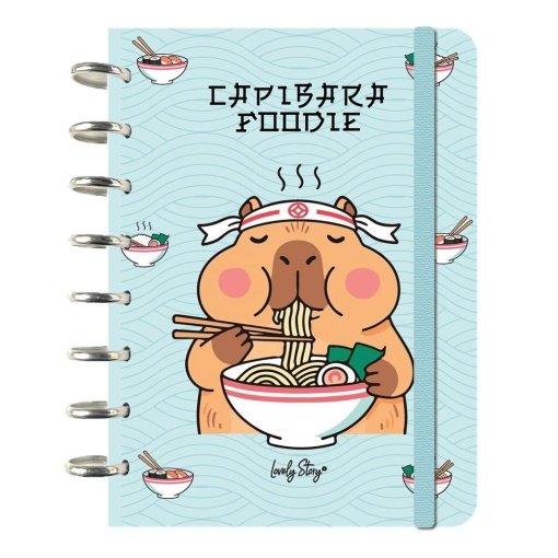 Caderno de folhas reposicionáveis A5 pautado 100 folhas 100 g LOVELY STORY Capivara "Capibara foodie"