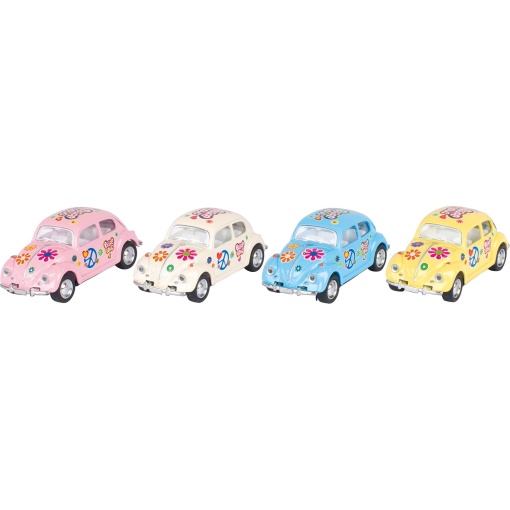 Volkswagen Beetle Flower Power friction car, 1:64 scale, 6.5cm, assorted, GOKI brand.