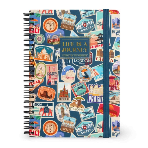 Caderno A5 capa dura espiral LEGAMI Travel Sticker "Life is a journey" pautado 160 folhas 80g com elástico