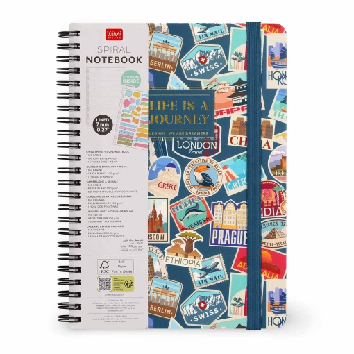 Caderno A5 capa dura espiral LEGAMI Travel Sticker "Life is a journey" pautado 160 folhas 80g com elástico