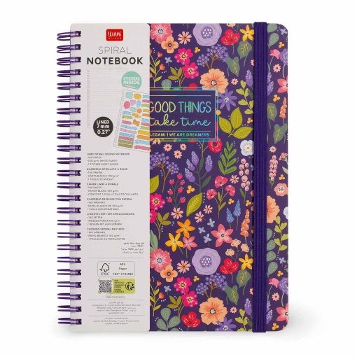 Caderno A5 capa dura espiral LEGAMI Flowers "Good things take time" pautado 160 folhas 80g com elástico