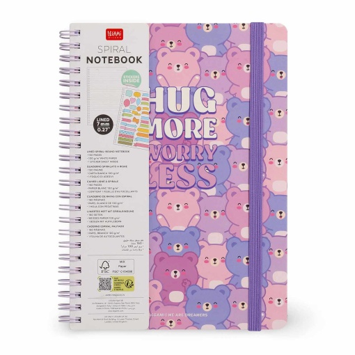 Caderno A5 capa dura espiral LEGAMI Teddy Bear "Hug more worry less" pautado 160 folhas 80g com elástico