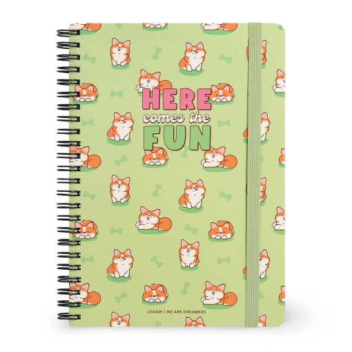 Caderno A5 capa dura espiral LEGAMI Corgi "Here comes the fun" pautado 160 folhas 80g com elástico