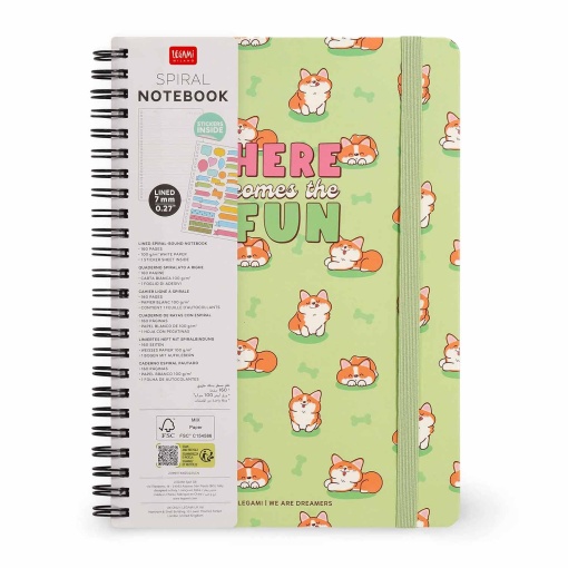 Caderno A5 capa dura espiral LEGAMI Corgi "Here comes the fun" pautado 160 folhas 80g com elástico