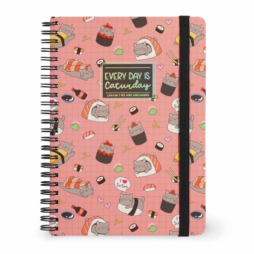Caderno A5 capa dura espiral LEGAMI Sushi Cat "Every day is Caturday" pautado 160 folhas 80g com elástico