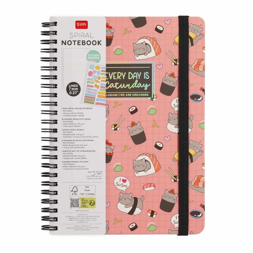Caderno A5 capa dura espiral LEGAMI Sushi Cat "Every day is Caturday" pautado 160 folhas 80g com elástico