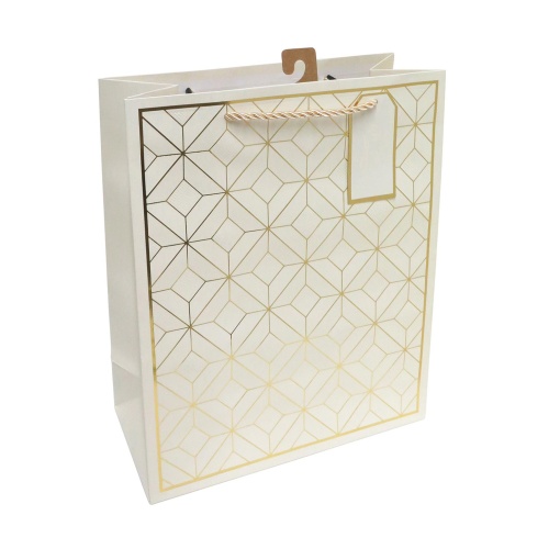 Saco de papel asa cordão geométrico bege/dourado 25,5x32x12cm